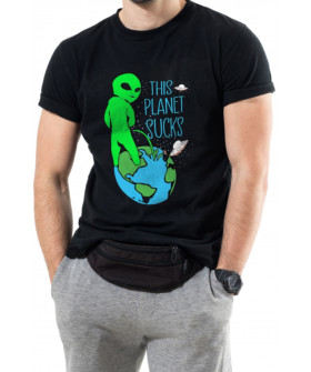 Trace of Space men's black T-shirt "this planet sucks"