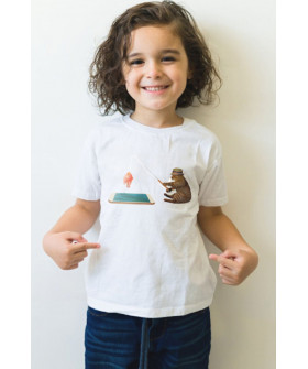 Young&Free children's white T-shirt "Cat on a fishing trip"