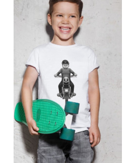 Young&Free children's white T-shirt "Cat on a motorcycle"