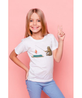 Young&Free children's white T-shirt "Cat on a fishing trip"